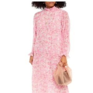 GANNI Floral Long Sleeve Plisse Georgette Dress Pink